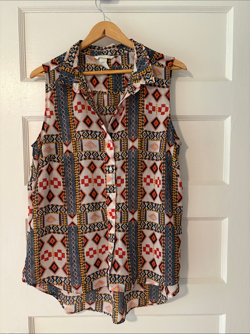 H&M Sleeveless Geometric Print Blouse - Red, Navy & Cream